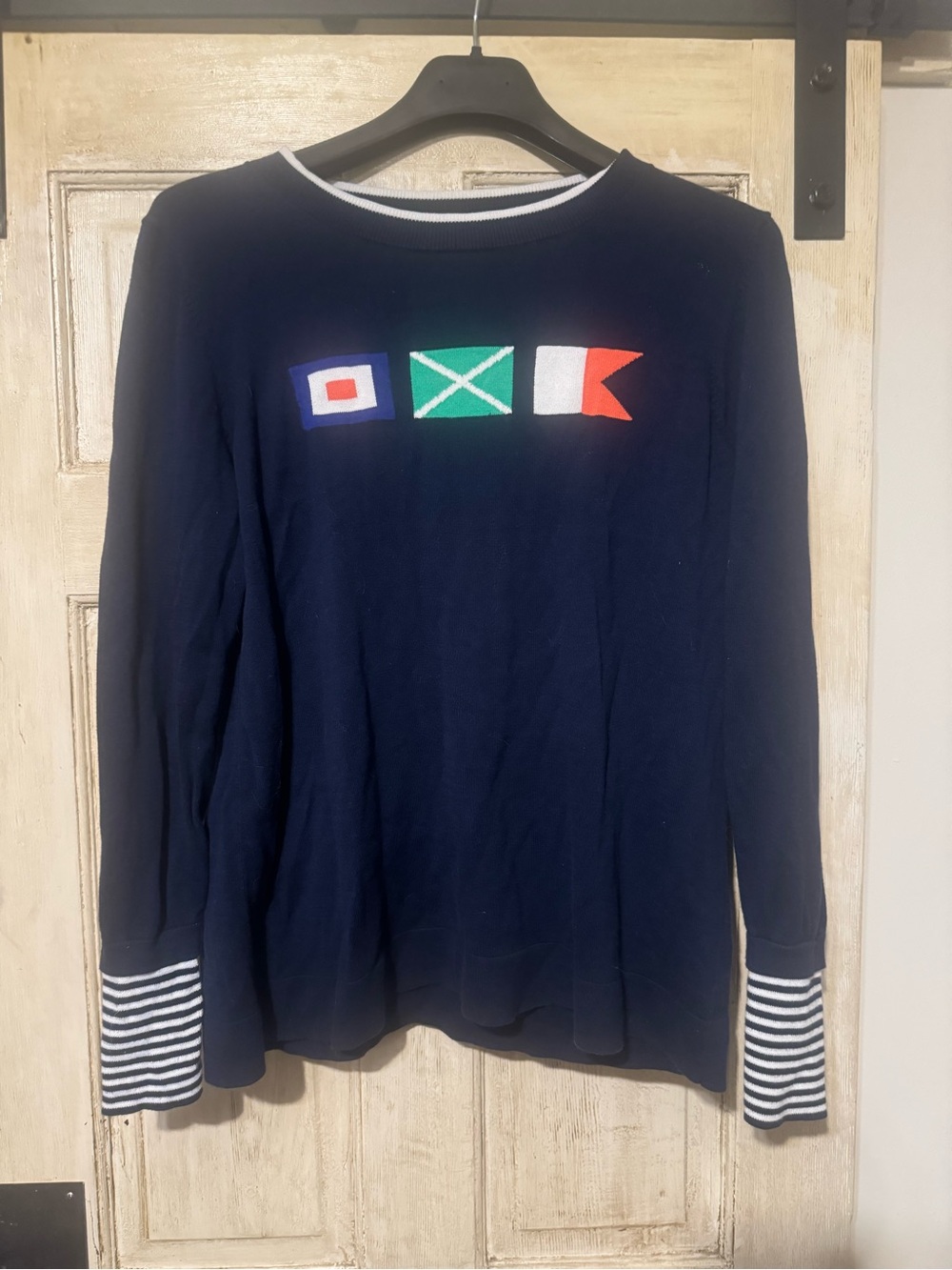Crown & Ivy Navy Nautical Signal Flag Sweater 100% Cotton Striped Cuffs